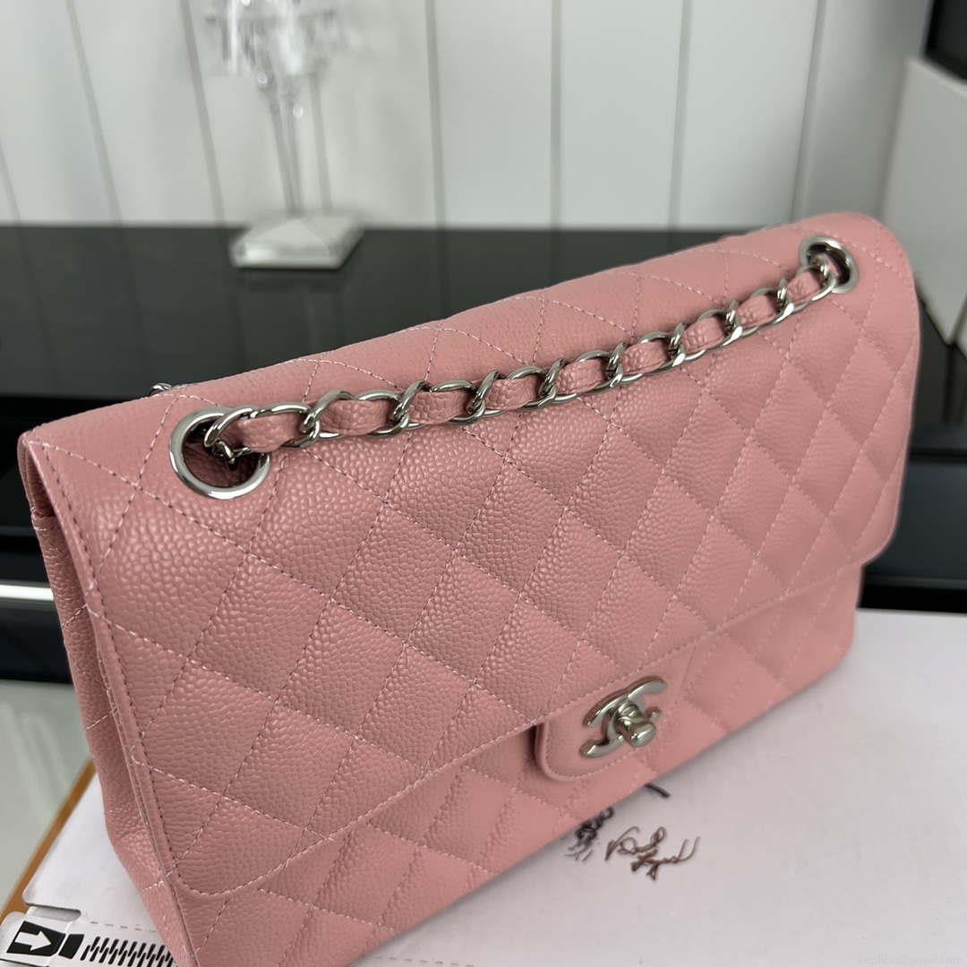 Chanel A01112 Flap Classic Handbag Grained Calfskin & Silver-Tone Metal Pink
