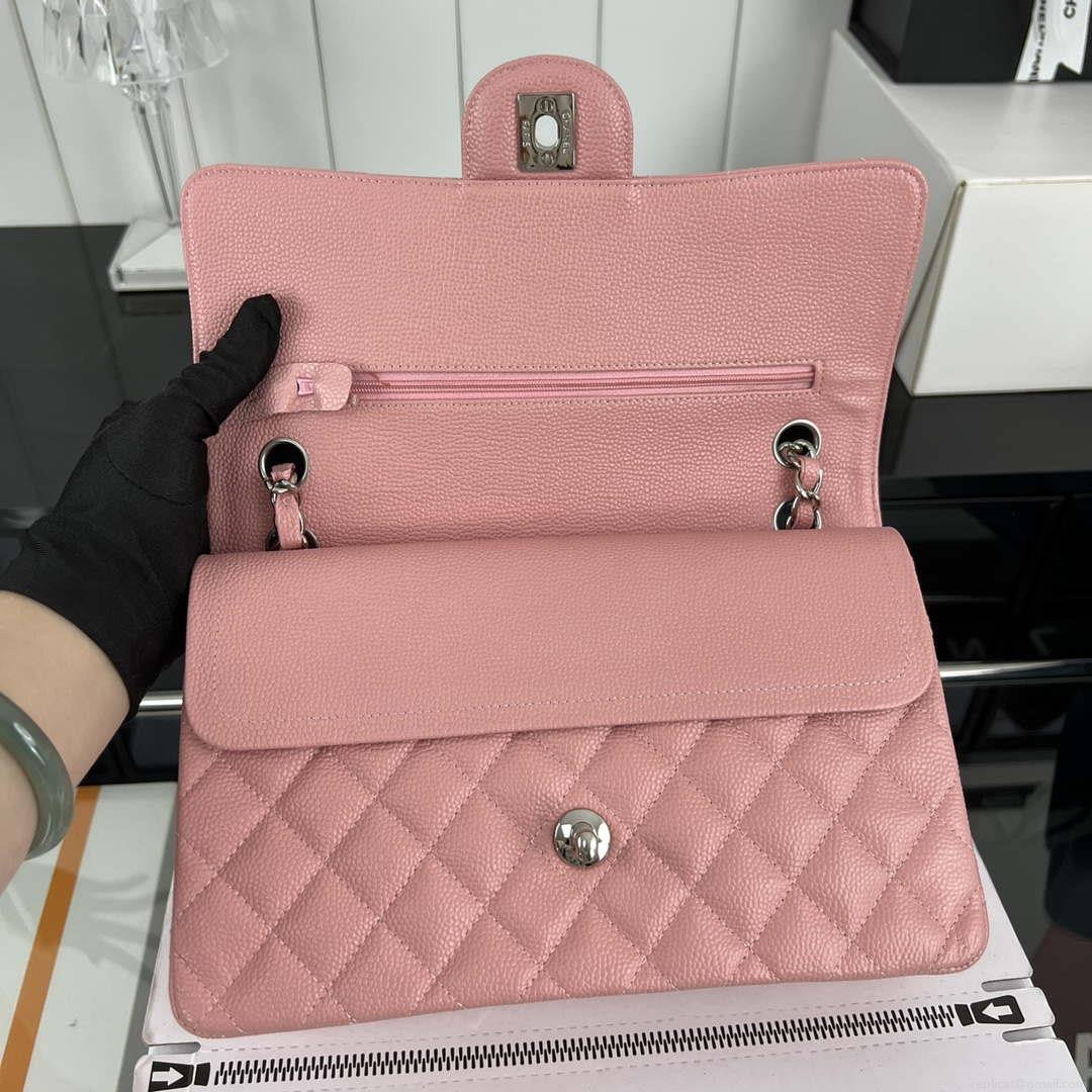 Chanel A01112 Flap Classic Handbag Grained Calfskin & Silver-Tone Metal Pink