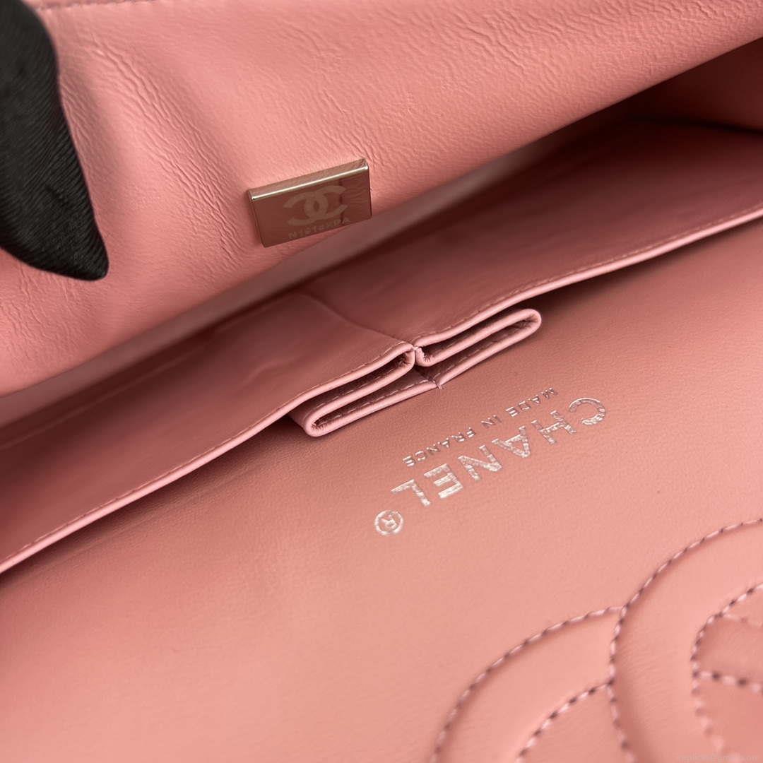 Chanel A01112 Flap Classic Handbag Grained Calfskin & Silver-Tone Metal Pink