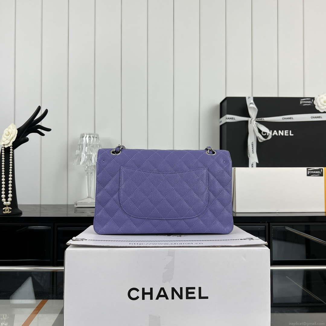 Chanel A01112 Flap Classic Handbag Grained Calfskin & Silver-Tone Metal Purple