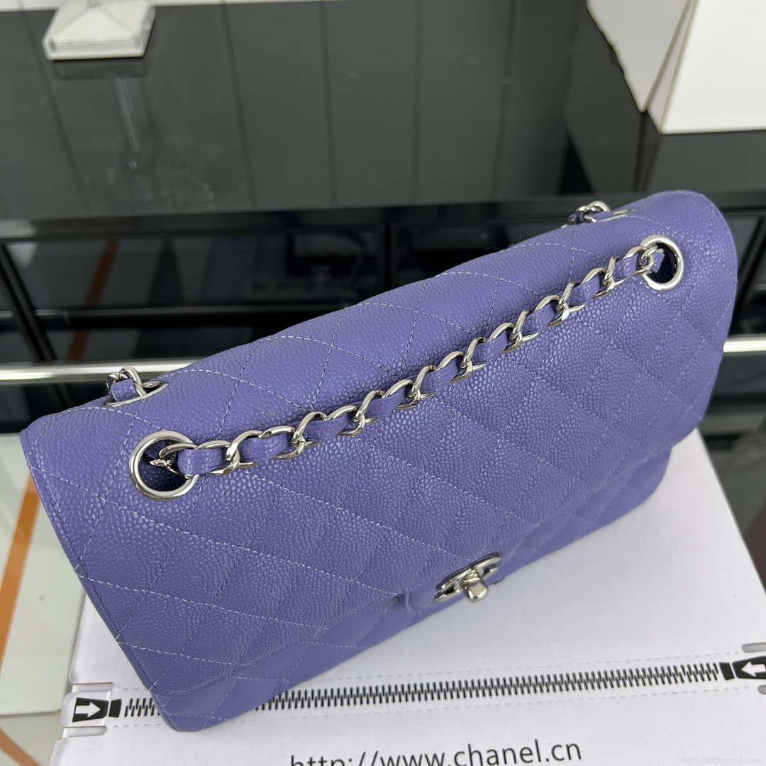Chanel A01112 Flap Classic Handbag Grained Calfskin & Silver-Tone Metal Purple
