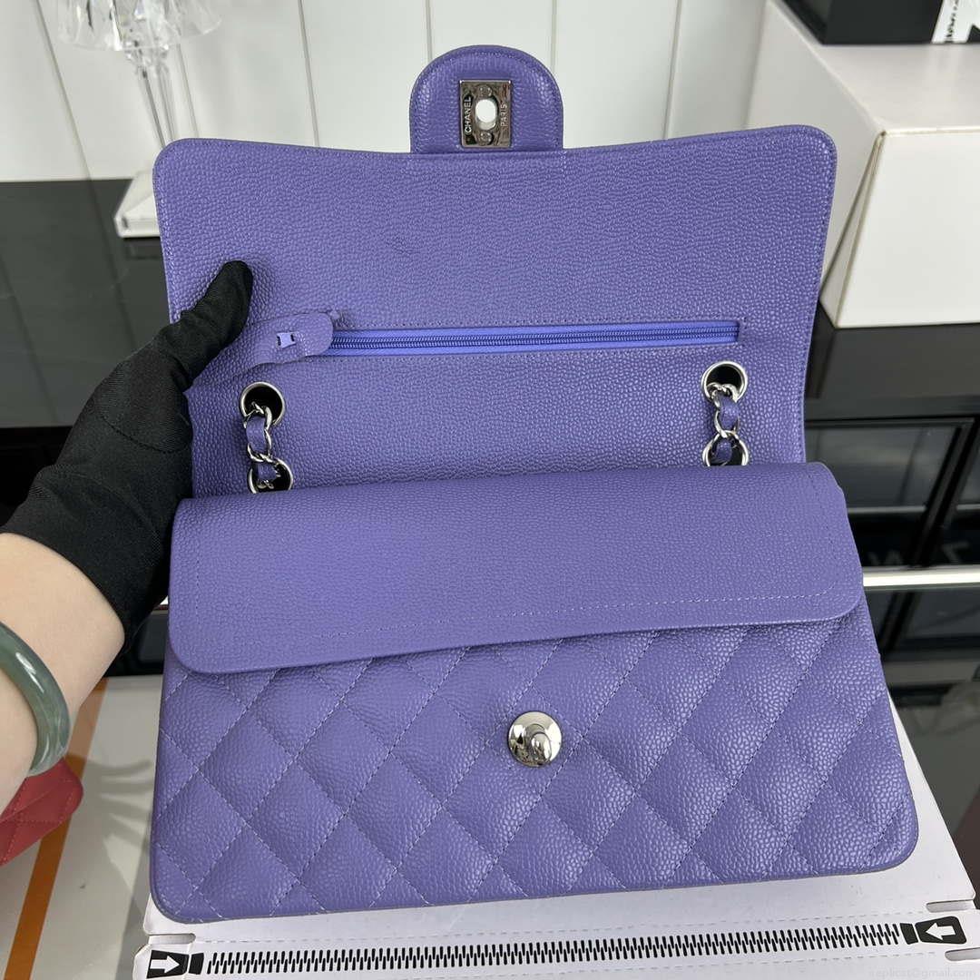 Chanel A01112 Flap Classic Handbag Grained Calfskin & Silver-Tone Metal Purple