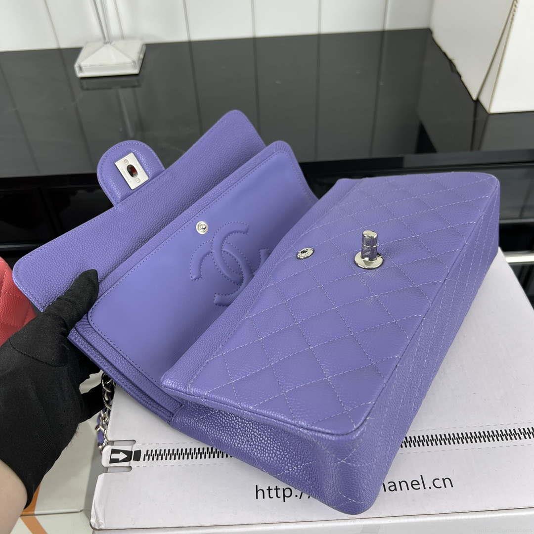 Chanel A01112 Flap Classic Handbag Grained Calfskin & Silver-Tone Metal Purple