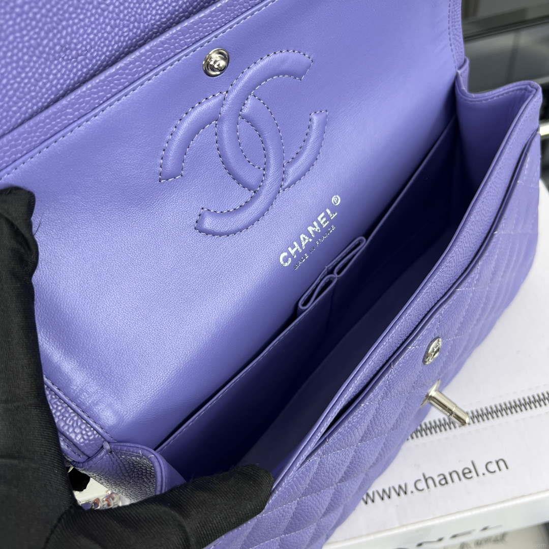 Chanel A01112 Flap Classic Handbag Grained Calfskin & Silver-Tone Metal Purple