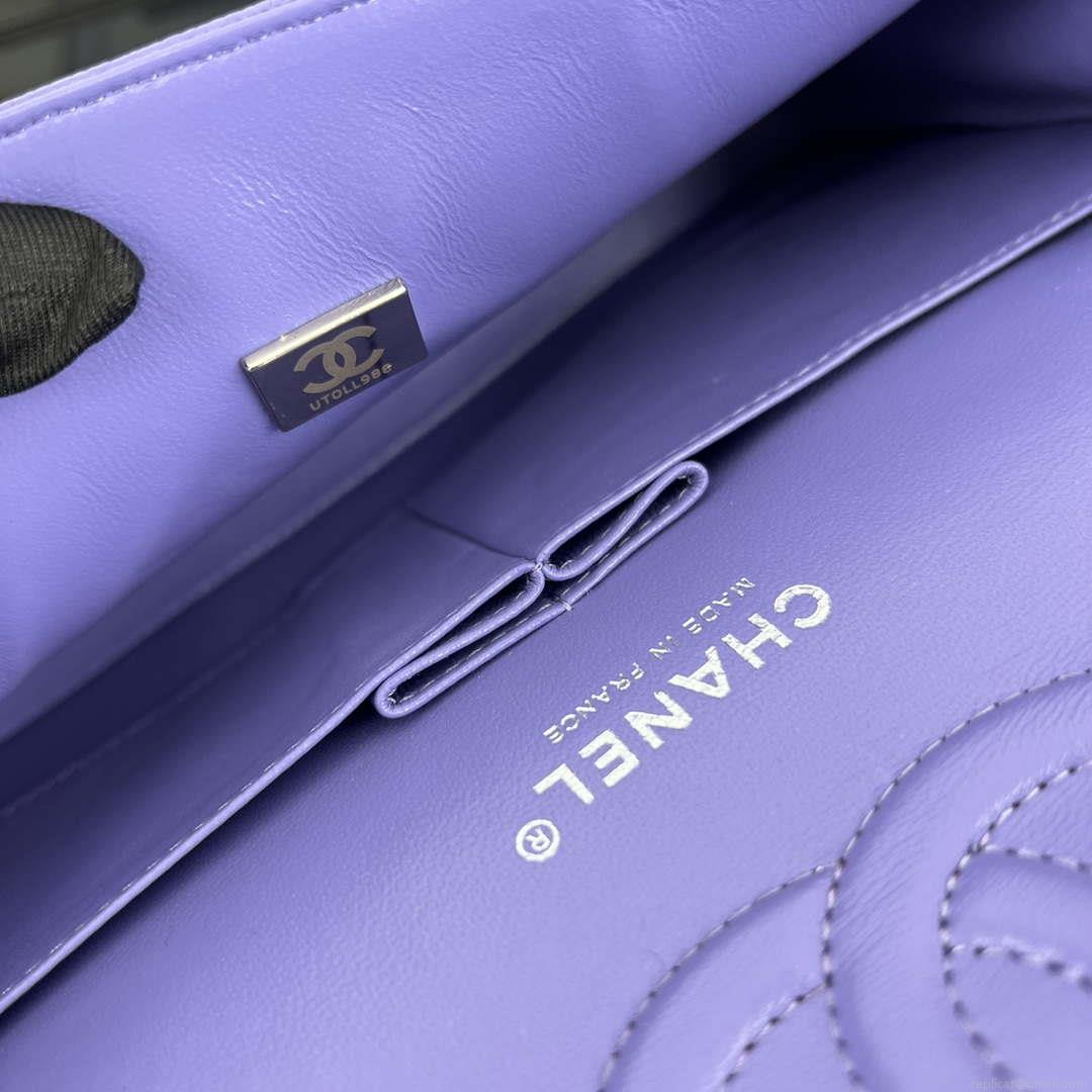 Chanel A01112 Flap Classic Handbag Grained Calfskin & Silver-Tone Metal Purple