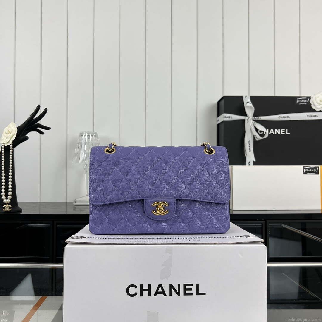 Chanel A01112 Flap Classic Handbag Grained Calfskin & Gold-Tone Metal Purple