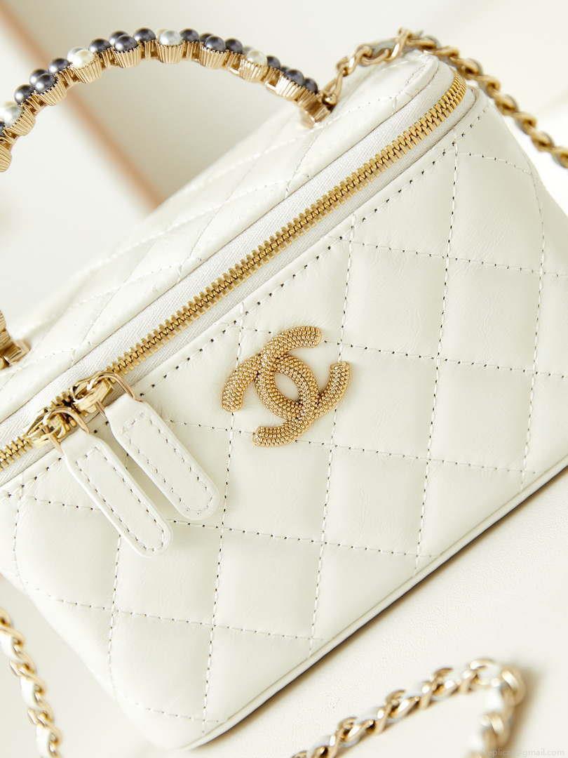 Chanel AP3804 Clutch Lambskin Vanity Box bag With Pearl handle White