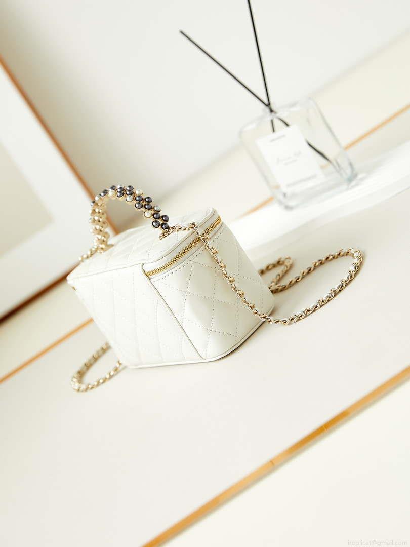 Chanel AP3804 Clutch Lambskin Vanity Box bag With Pearl handle White