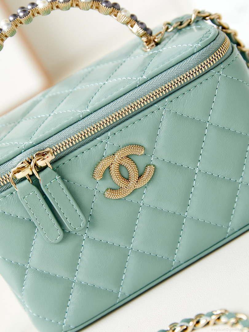 Chanel AP3804 Clutch Lambskin Vanity Box bag With Pearl handle Green