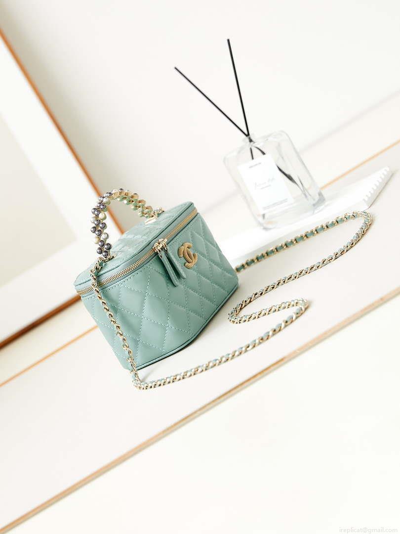 Chanel AP3804 Clutch Lambskin Vanity Box bag With Pearl handle Green