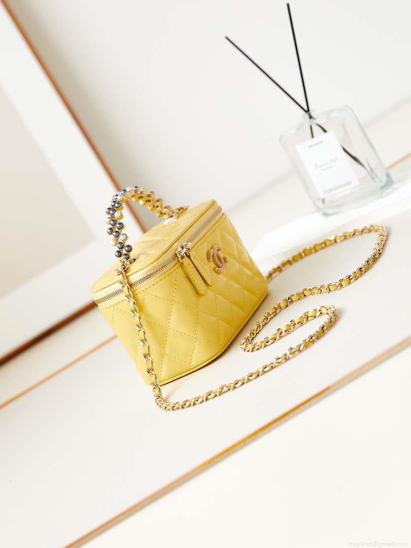 Chanel AP3804 Clutch Lambskin Vanity Box bag With Pearl handle Yellow