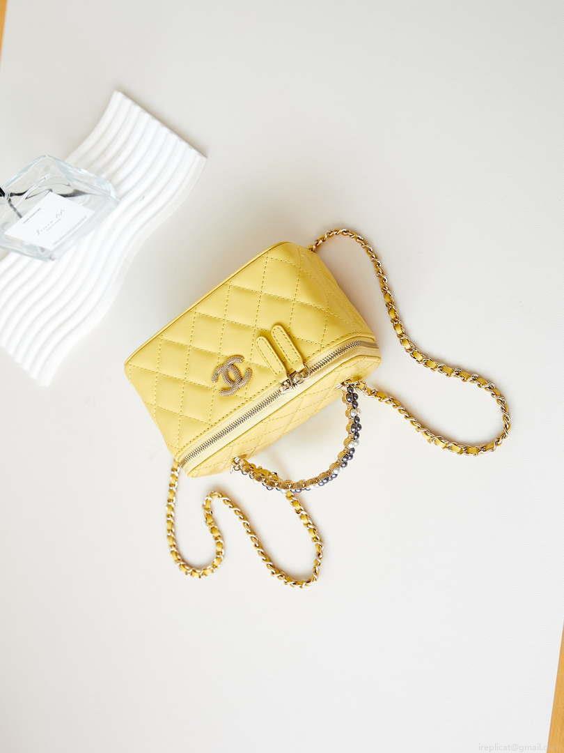 Chanel AP3804 Clutch Lambskin Vanity Box bag With Pearl handle Yellow