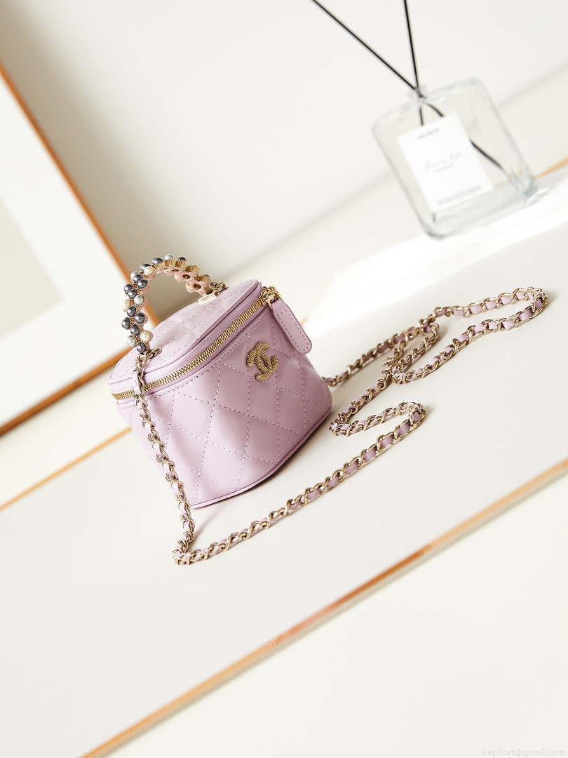 Chanel AP3805 Mini Clutch Lambskin Vanity Box bag With Pearl handle Pink
