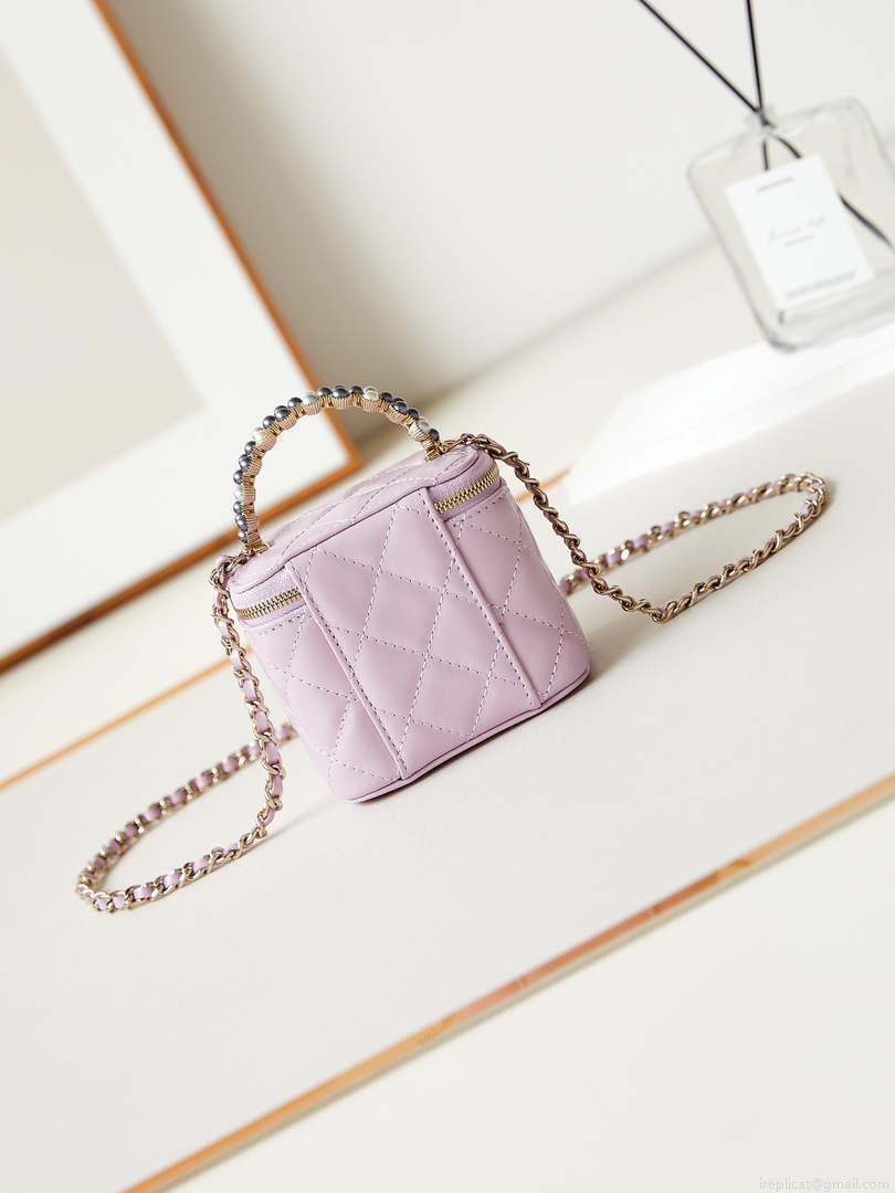 Chanel AP3805 Mini Clutch Lambskin Vanity Box bag With Pearl handle Pink