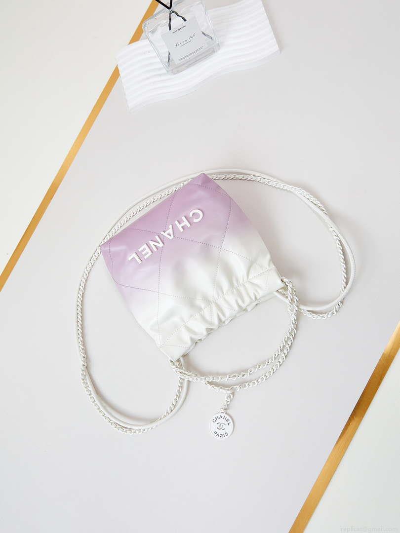 Chanel 22 Mini Handbag Patent Gradient Calfskin Lacquered Metal AS3980 White & Light Purple