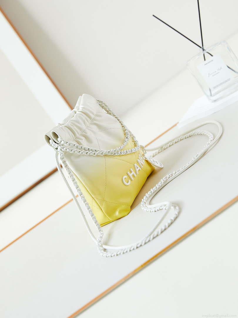 Chanel 22 Mini Handbag Patent Gradient Calfskin Lacquered Metal AS3980 White & Yellow