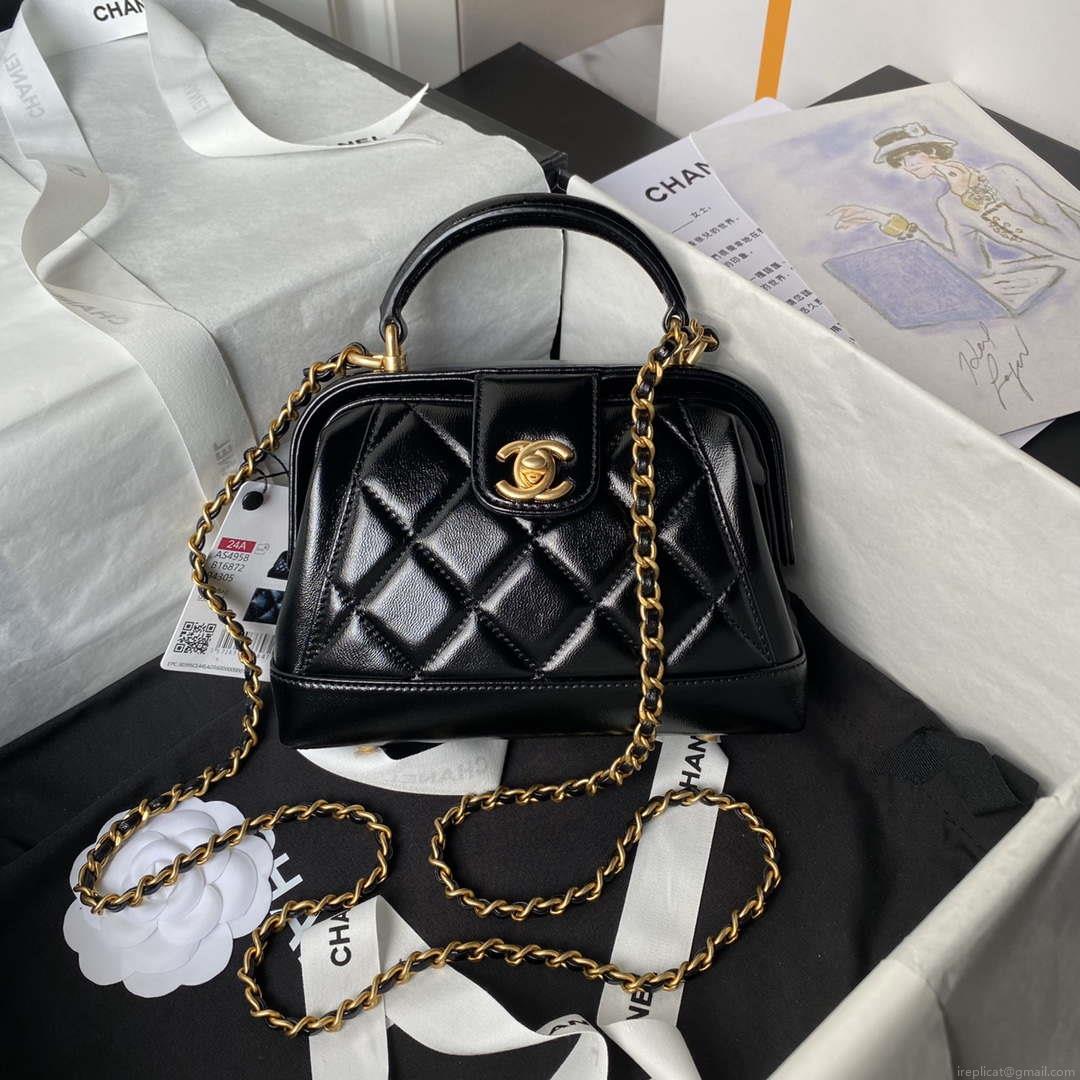 Chanel AS4958 Mini Flap bag With top handle Shiny Lambskin & Gold-Tone Metal Black