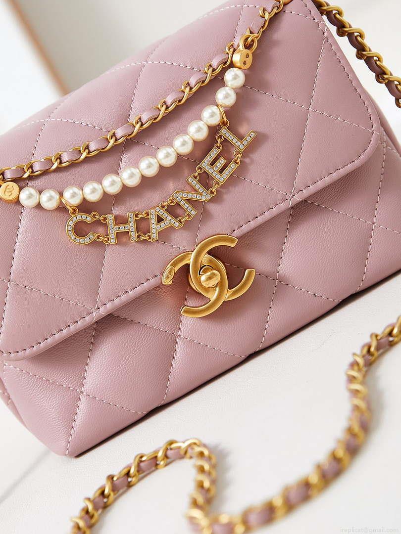 Chanel AS4986 Mini Flap bag Shiny Lambskin Imitation Pearls & Gold-Tone Metal Pink