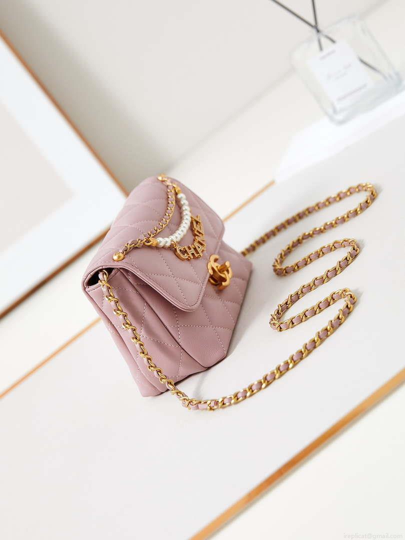 Chanel AS4986 Mini Flap bag Shiny Lambskin Imitation Pearls & Gold-Tone Metal Pink