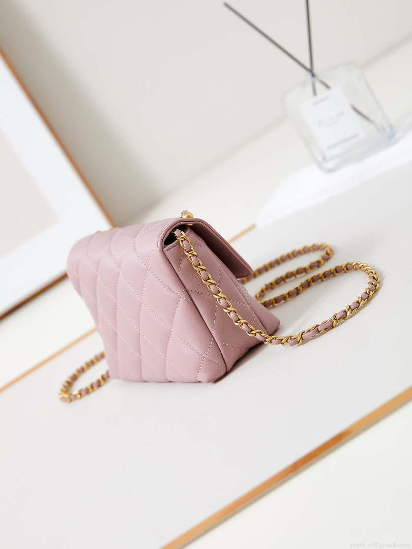 Chanel AS4986 Mini Flap bag Shiny Lambskin Imitation Pearls & Gold-Tone Metal Pink