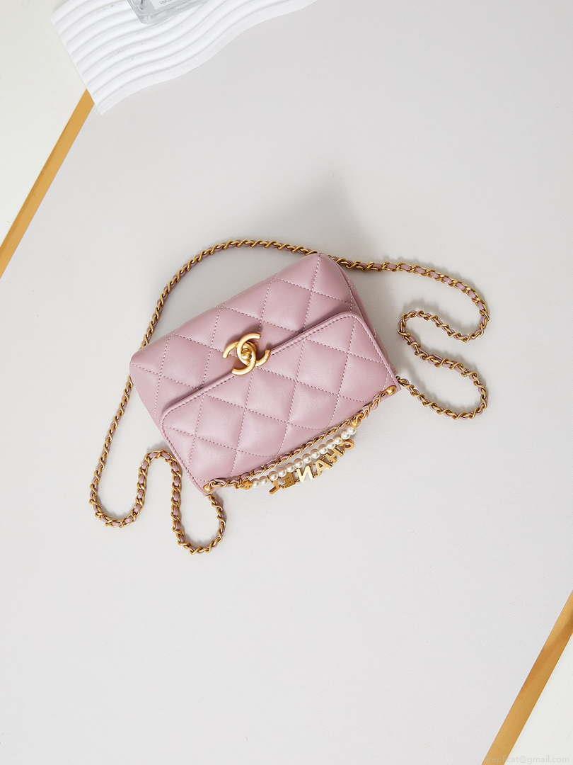 Chanel AS4986 Mini Flap bag Shiny Lambskin Imitation Pearls & Gold-Tone Metal Pink