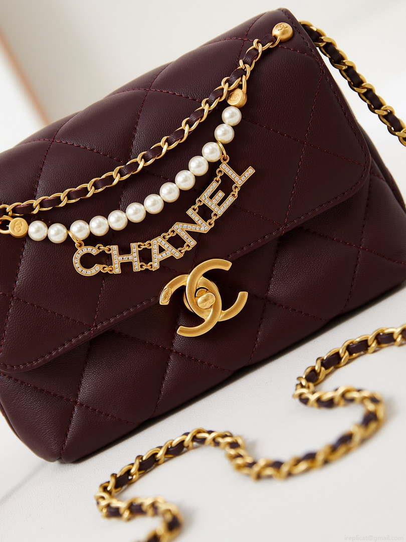 Chanel AS4986 Mini Flap bag Shiny Lambskin Imitation Pearls & Gold-Tone Metal Wine Red