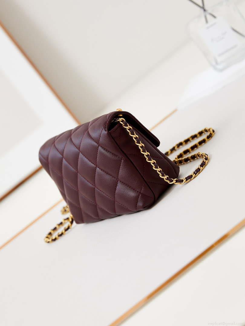 Chanel AS4986 Mini Flap bag Shiny Lambskin Imitation Pearls & Gold-Tone Metal Wine Red