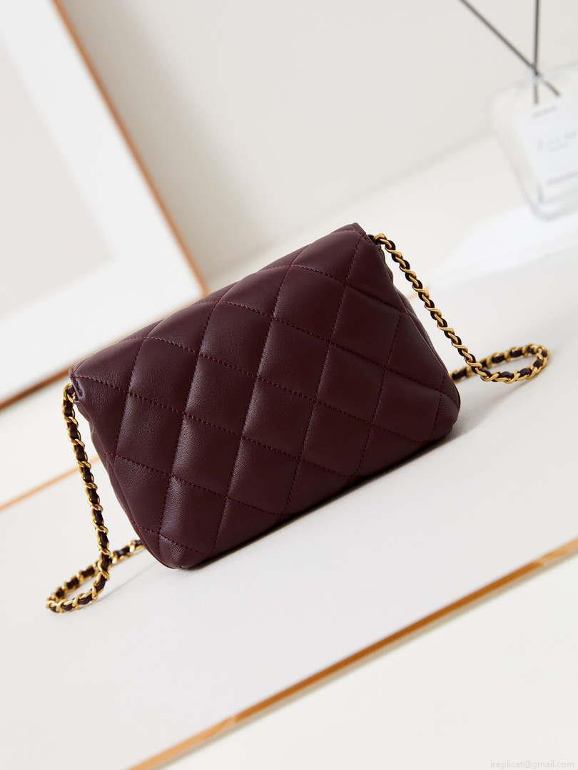Chanel AS4986 Mini Flap bag Shiny Lambskin Imitation Pearls & Gold-Tone Metal Wine Red