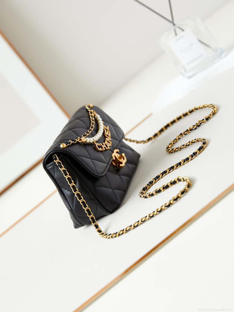 Chanel AS4986 Mini Flap bag Shiny Lambskin Imitation Pearls & Gold-Tone Metal Black