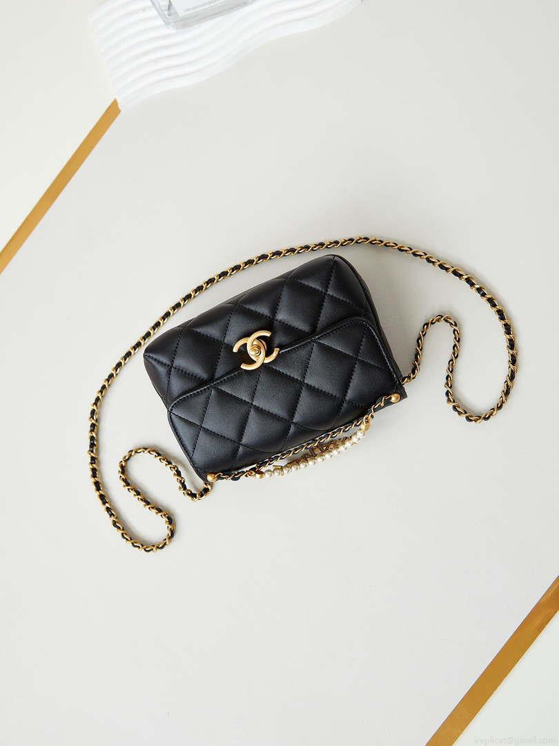 Chanel AS4986 Mini Flap bag Shiny Lambskin Imitation Pearls & Gold-Tone Metal Black