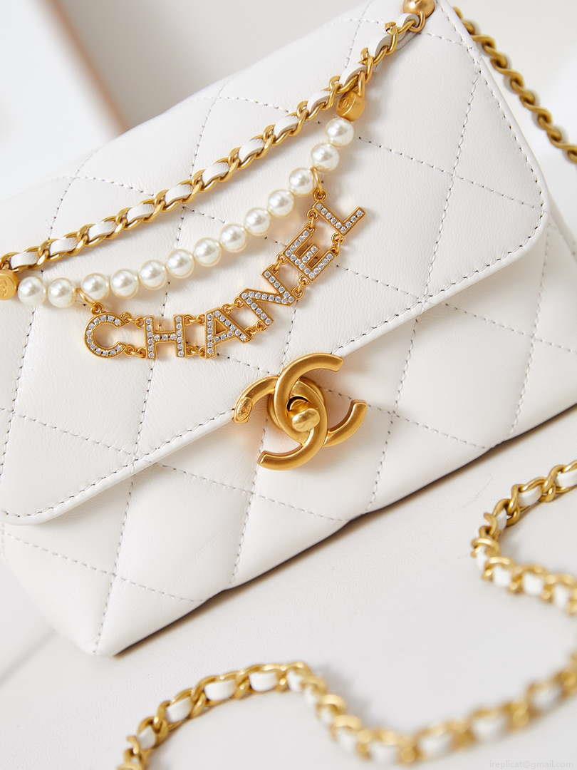 Chanel AS4986 Mini Flap bag Shiny Lambskin Imitation Pearls & Gold-Tone Metal White