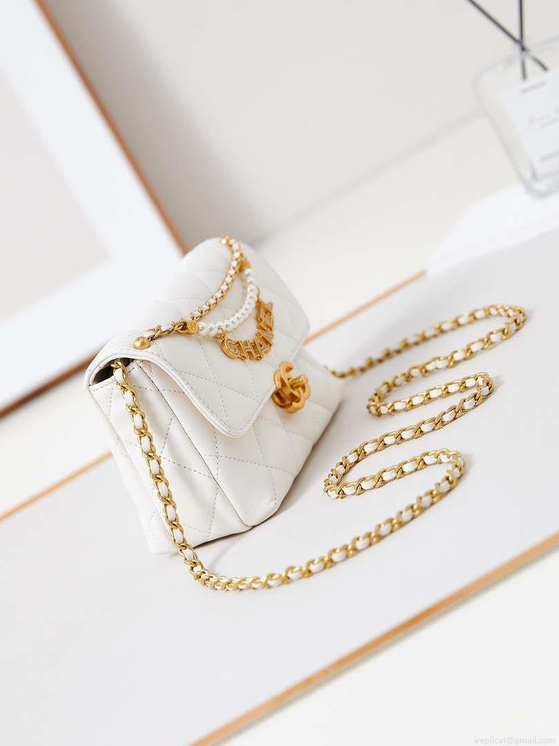 Chanel AS4986 Mini Flap bag Shiny Lambskin Imitation Pearls & Gold-Tone Metal White
