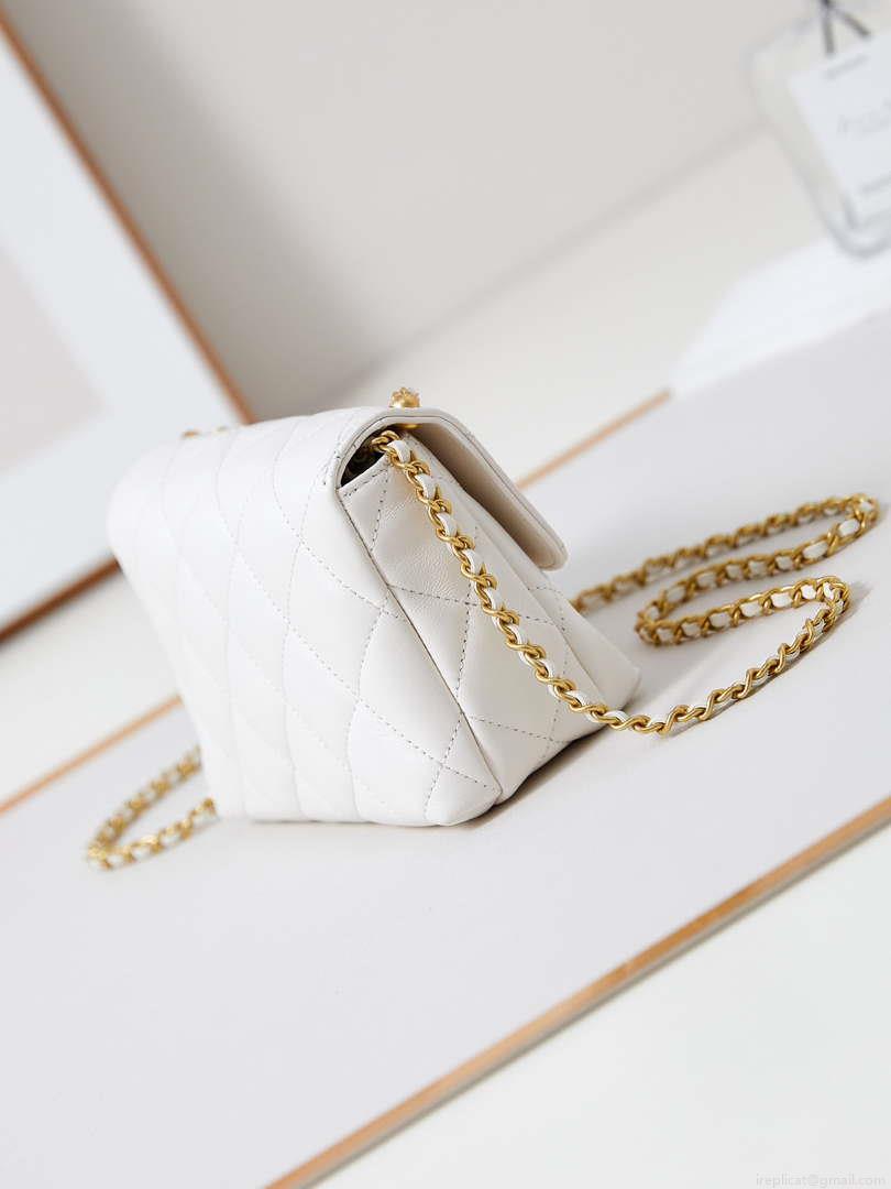 Chanel AS4986 Mini Flap bag Shiny Lambskin Imitation Pearls & Gold-Tone Metal White