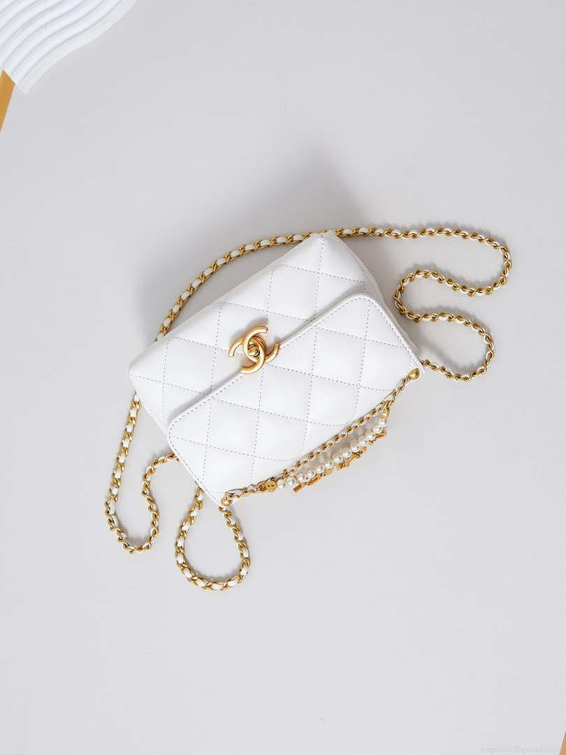 Chanel AS4986 Mini Flap bag Shiny Lambskin Imitation Pearls & Gold-Tone Metal White