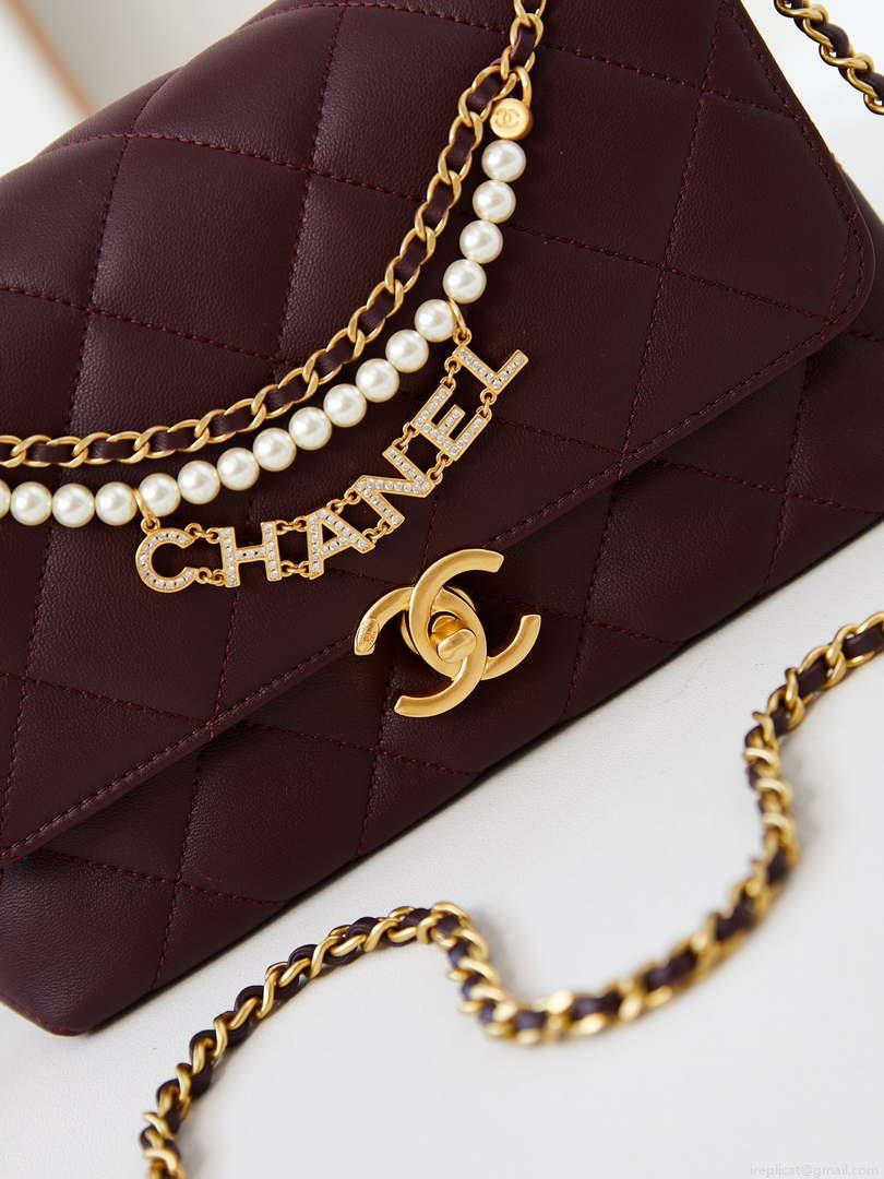 Chanel AS5011 Flap bag Shiny Lambskin Imitation Pearls & Gold-Tone Metal Wine Red