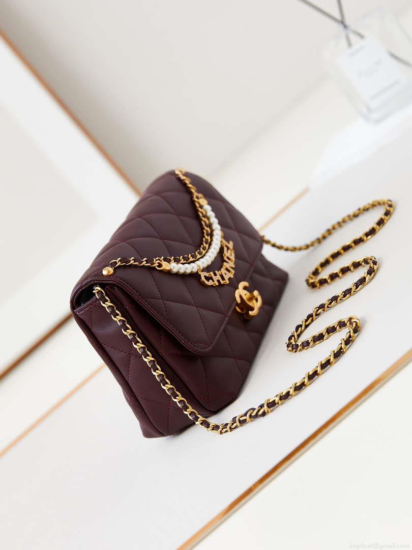 Chanel AS5011 Flap bag Shiny Lambskin Imitation Pearls & Gold-Tone Metal Wine Red