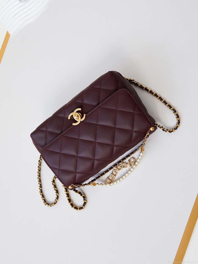 Chanel AS5011 Flap bag Shiny Lambskin Imitation Pearls & Gold-Tone Metal Wine Red
