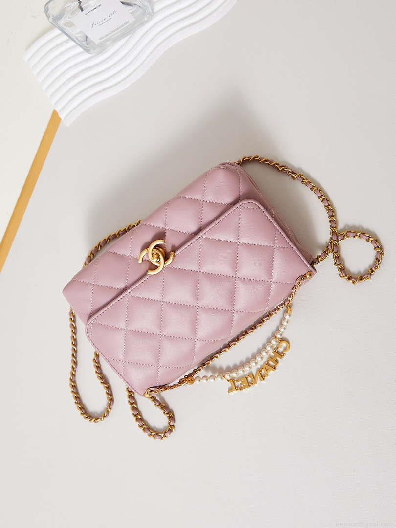 Chanel AS5011 Flap bag Shiny Lambskin Imitation Pearls & Gold-Tone Metal Pink