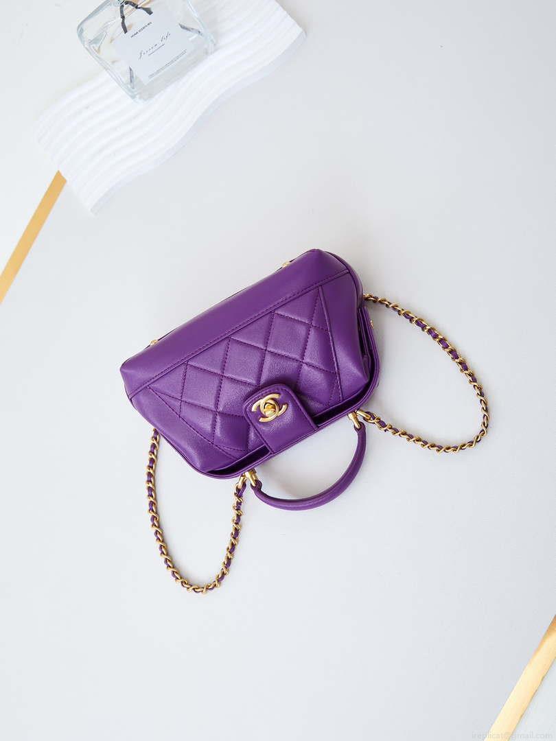 Chanel AS4958 Mini Flap bag With top handle Shiny Lambskin & Gold-Tone Metal Purple