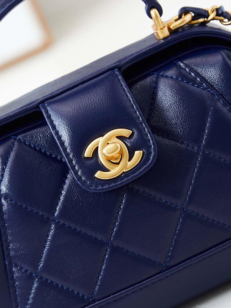 Chanel AS4958 Mini Flap bag With top handle Shiny Lambskin & Gold-Tone Metal Navy blue
