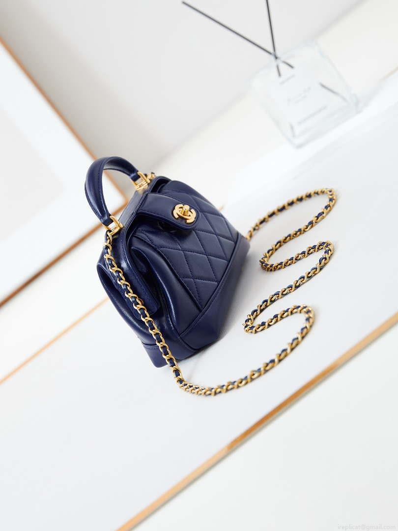 Chanel AS4958 Mini Flap bag With top handle Shiny Lambskin & Gold-Tone Metal Navy blue