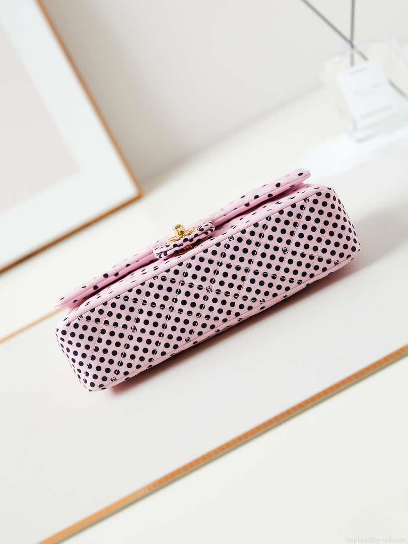 Chanel A01112 Flap Pink Fabric Printed with white raindrops