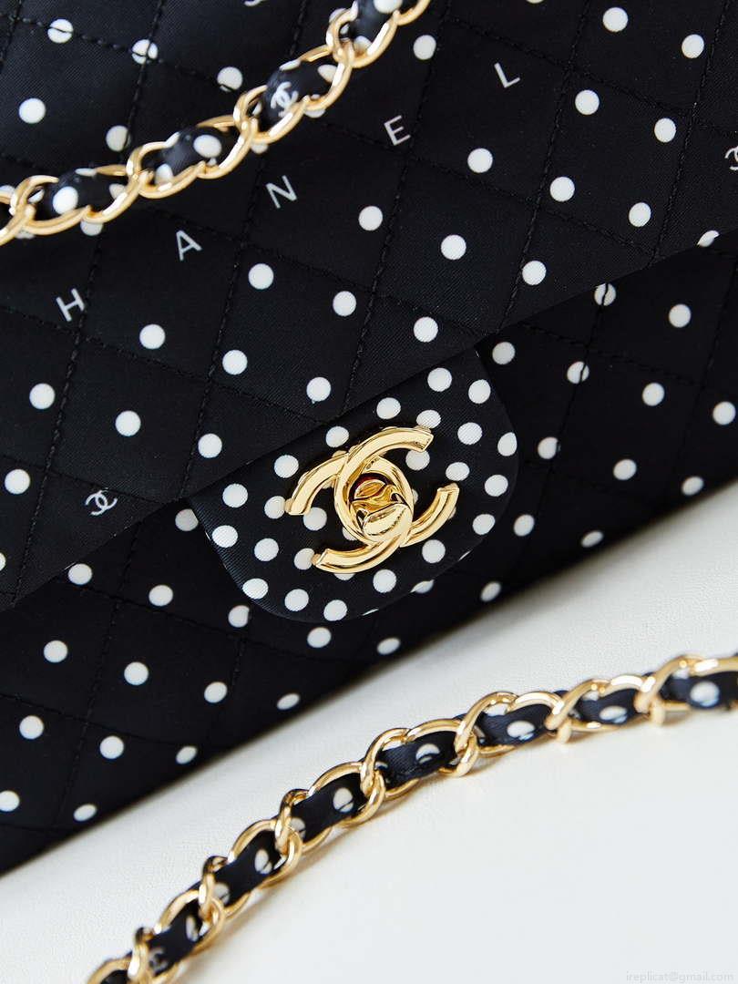 Chanel A01112 Flap Black Fabric Printed with white raindrops