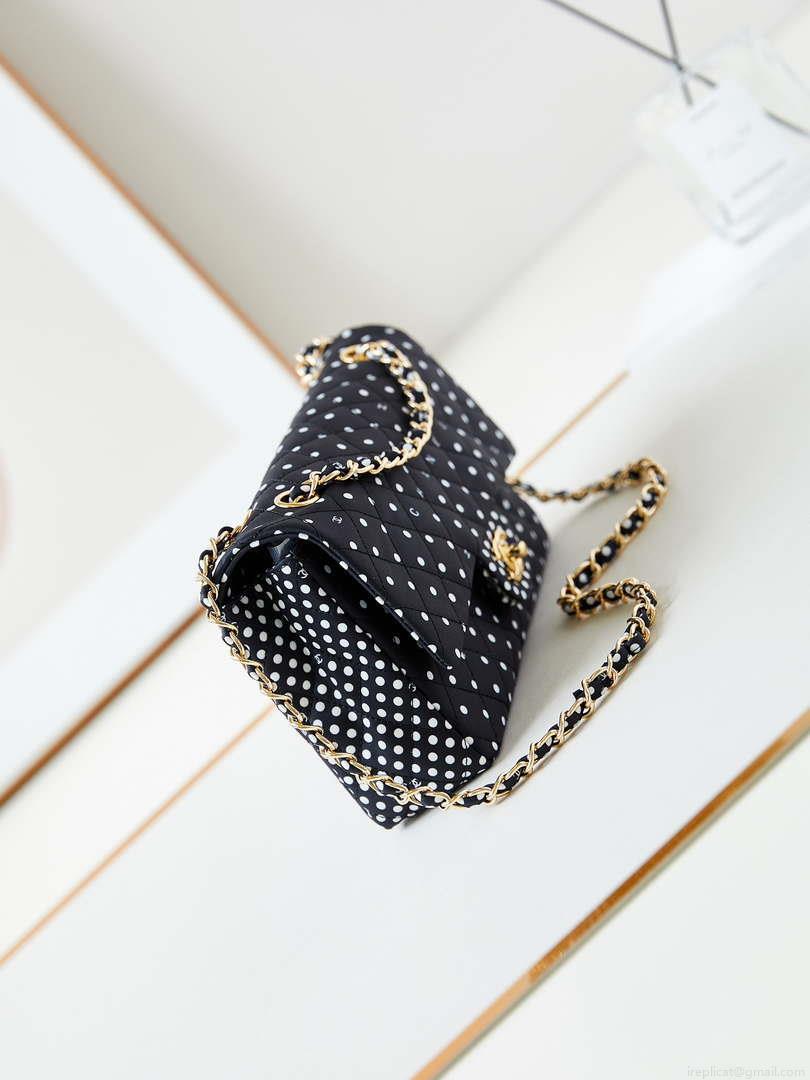 Chanel A01112 Flap Black Fabric Printed with white raindrops