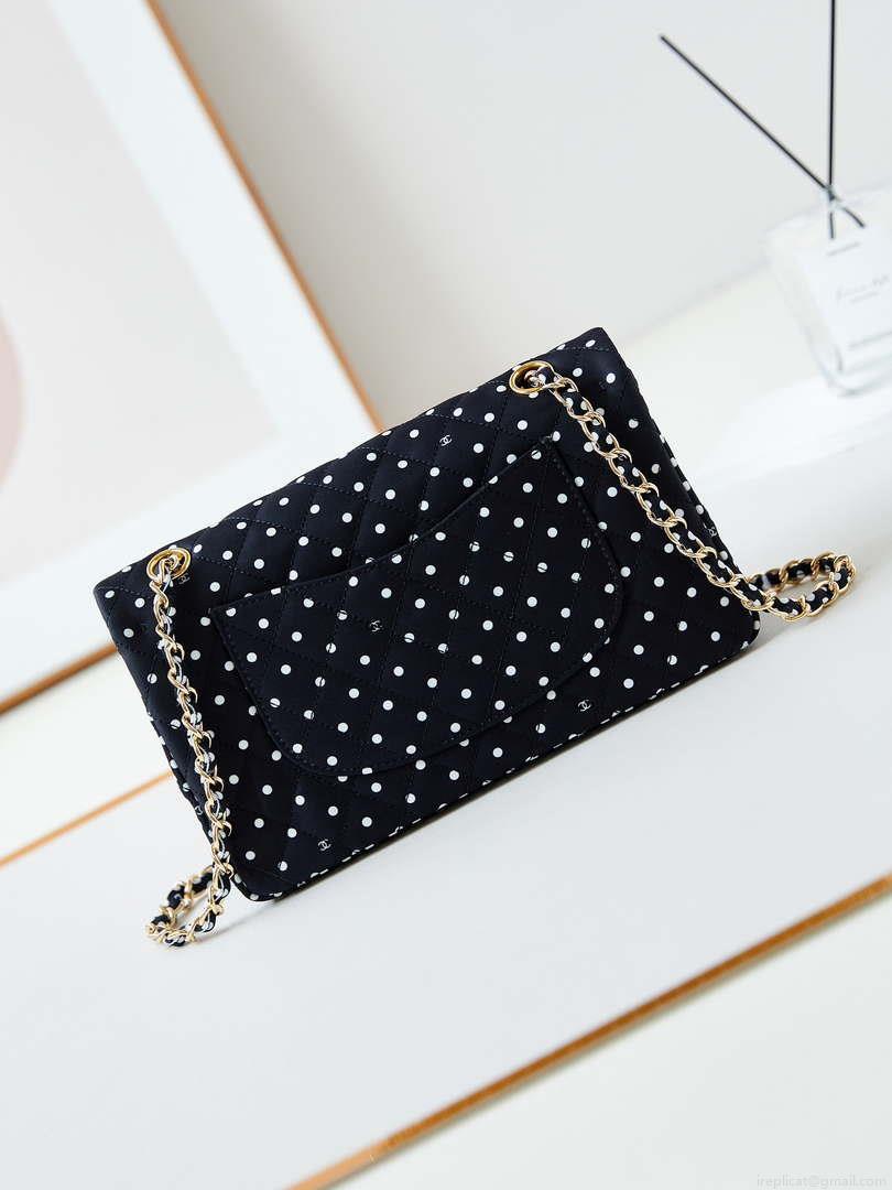 Chanel A01112 Flap Black Fabric Printed with white raindrops