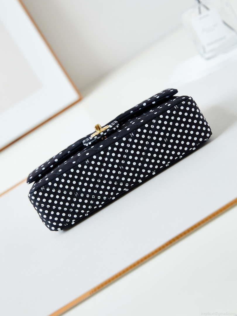 Chanel A01112 Flap Black Fabric Printed with white raindrops
