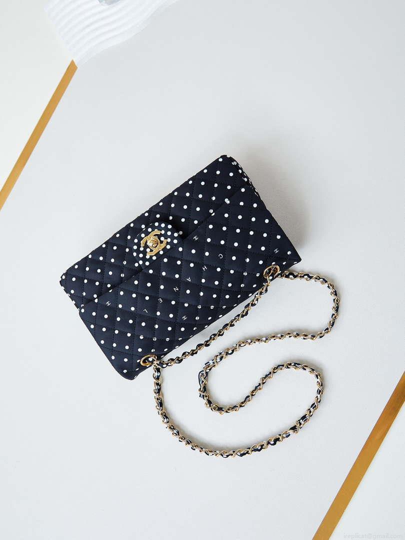 Chanel A01112 Flap Black Fabric Printed with white raindrops