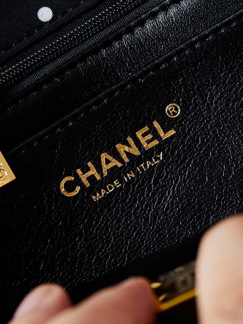 Chanel A01112 Flap Black Fabric Printed with white raindrops