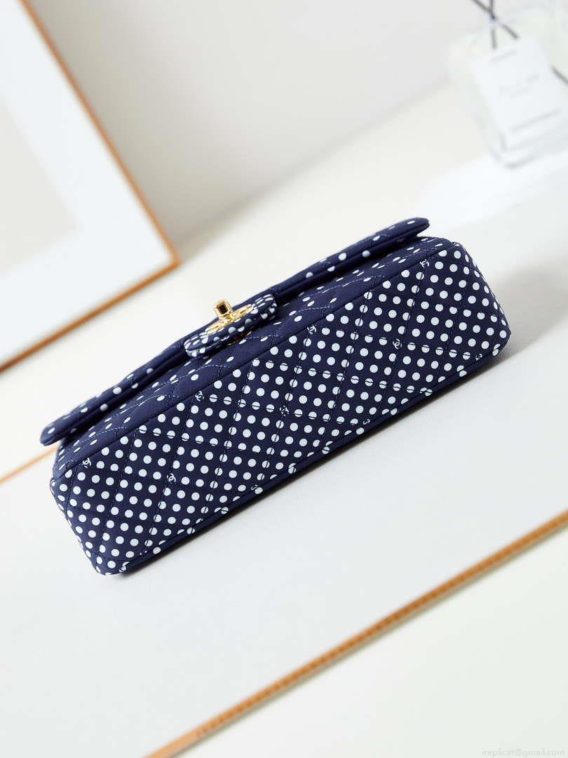 Chanel A01112 Flap Blue Fabric Printed with white raindrops