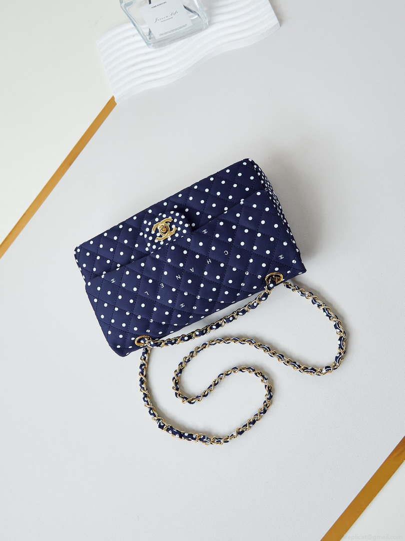 Chanel A01112 Flap Blue Fabric Printed with white raindrops